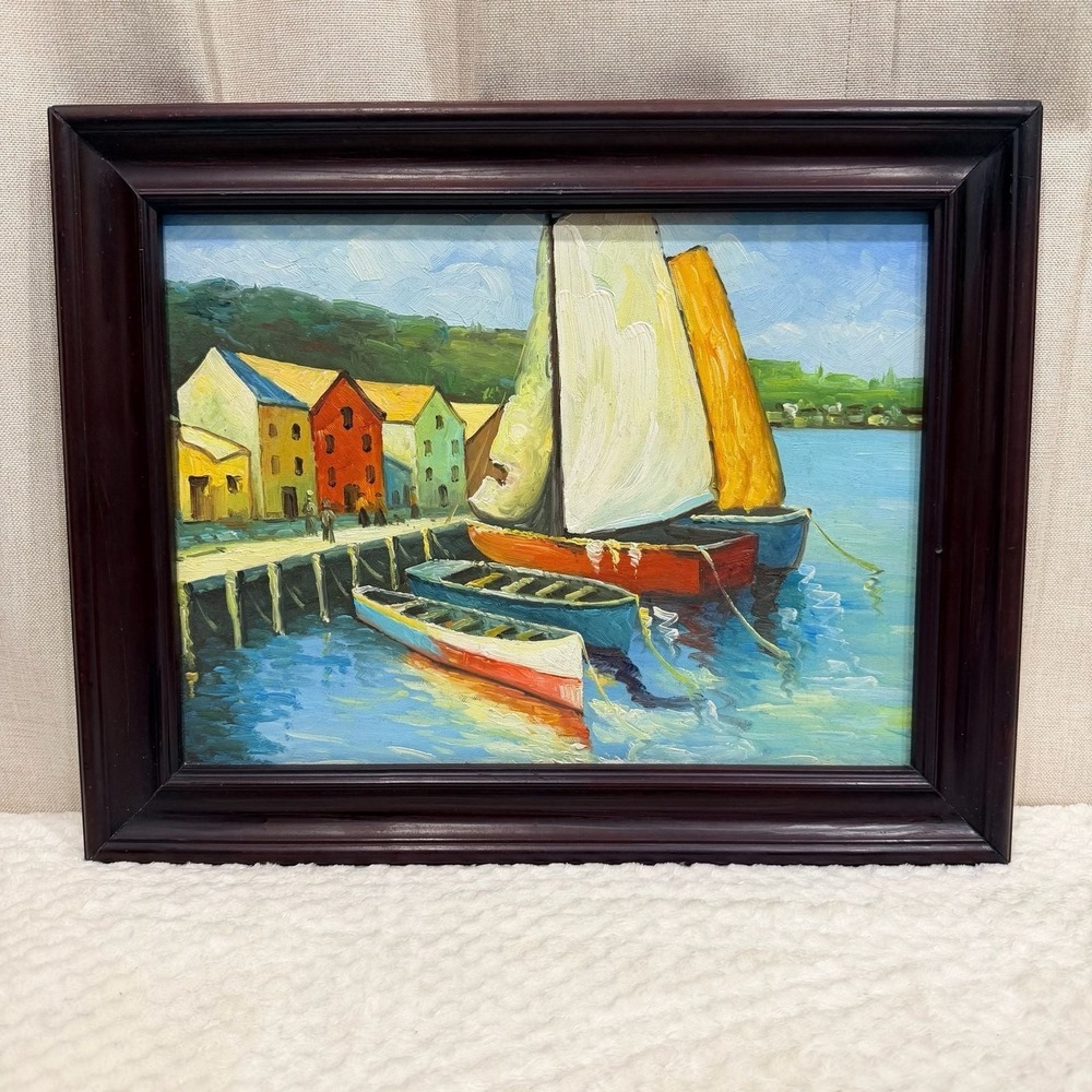 Impressionist Harbor Scene Oil Painting Sailboats Coastal
